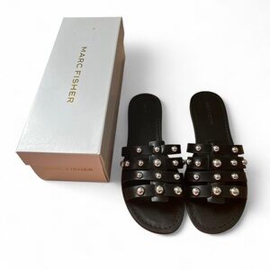Marc Fisher Perth Studded Sandals Size 8 Black Leather Slide Flat Strappy Boho